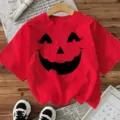 Rood Halloween pompoen gezicht korte mouw t-shirt casual vakantie top voor vrouwen - S / Tops / Gewassen Rood
