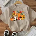 Herfst festival pompoen print korte mouw T-shirt, casual losse katoenen top voor dames. - Beige Katoen