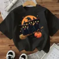 Zwarte Halloween korte mouw t-shirt voor vrouwen, schattige kat helet hoed grafische print top. - S / Zwart