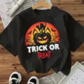Zwart Halloween korte mouw T-shirt metgeprint griezelige pompoen en kat voor cosplay. - S / Katoen Zwart