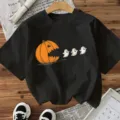 Halloween zwart kort mouw t-shirt met grappige pompoen geest grafisch voor dames casual - S / Zwart