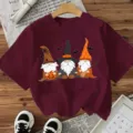 Burgunderrot Halloween Gnome Druck Kurzarm T-Shirt Festliche Freizeit Tops Variante - Burgunderrot