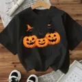 Zwart t-shirt met korte mouwen voor Halloween met print van zwarte katten en pompoenen. - S / Zwart
