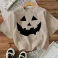 Halloween pumpkin printed short sleeve beige t-shirt casual holiday top for women. - Apricot