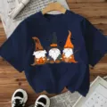 Halloween Wichtel Print Kurzarm T-Shirt in Dunkelblau, festliches Freizeitoberteil. - Marineblau