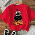 Rood t-shirt met korte mouwen en een leuke pompoen print, perfect voor casual dagelijks gebruik. - S / Tops / Rood