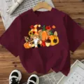 Dames Halloween Korte Mouw T-Shirt Herfst Pompoen Gnoom Grafische Top Casual Shirt - Katoen Bordeaux