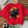 Rood t-shirt met korte mouwen en leuke Halloween zwarte kat heksenhoed print. - S / Rood