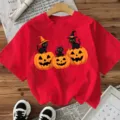Rood Halloween Dames Korte Mouw T-Shirt Schattige Zwarte Katten Pompoen Print Casual Top - S / Rood