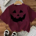 Women's Halloween pumpkin face graphic short sleeve casual tee holiday festival top - Burgundy