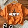 Halloween Zwerg Hexe Print Orange Kurzarm T-Shirt Freizeittop Damen Festival Bekleidung - Orange