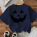 Dark blue Halloween pumpkin print short sleeve t-shirt casual holiday women fashion top - Navy Blue