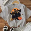 Halloween μαύρη γάτα print κοντομάνικο γκρι t-shirt casual γυναικείο top για τις γιορτές - Γκρι