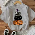 Femmes Halloween Citrouille Imprimer Manches Courtes T-Shirt Casual Fête Haut Top - Gris