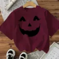 Halloween κολοκύθα πρόσωπο εκτύπωση κοντό μανίκι t-shirt casual γυναικείες διακοπές top - Βαμβακερό Μπορντό
