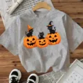 Γυναικείο T-Shirt Halloween Κοντομάνικο με Μαύρη Γάτα και Κολοκύθα Casual Top Tee - Γκρι