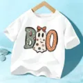 T-Shirt Enfant Halloween Mignon Fantôme Manches Courtes Garçons Filles Hauts Décontractés - Coton Blanc