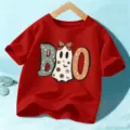 Camiseta de manga corta Halloween para ninos rojo grafico de fantasma lindo ninos y ninas - 110cm / Tops / Rojo Lavado
