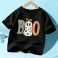 Camiseta Halloween niños manga corta negra lindo fantasma floral gráfico superior - 110cm / Tops / Estilo Algodón Negro