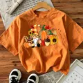 Herfst Pompoen Gnoom Print Oranje Korte Mouw T-Shirt Casual Dames Halloween Top - Oranje Katoen