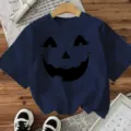 Halloween gynaikeio konte t-shirt me halloween kolokitha prosopo print giortino top - Βαμβακερό Ναυτικό