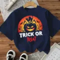 Halloween dark blue short sleeve t-shirt featuring spooky pumpkin and cat graphic top. - Cotton Navy Blue