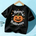 Kids Halloween black short sleeve t-shirt, cute pumpkin graphic top for boys and girls festival. - 110cm / Black