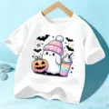 Kids Halloween Short Sleeve T-Shirt Cute Ghost Pumpkin Graphic Print Casual Cotton Tee - White Cotton / 110cm
