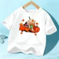 Kids White Halloween T-Shirt Pumpkin Coffee Cup Print Short Sleeve Top Boys Girls - 110cm / White Cotton