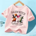 Camiseta de manga corta de Halloween para niños, gráfico de bruja cóctel, top casual - 110cm / Algodón Rosado