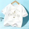 Kids Halloween short sleeve white T-shirt with funny witch brew coffee graphic print top. - 110cm / Tops / White Cotton