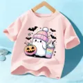 Cute kids halloween short sleeve t shirt for boys and girls spooky ghost graphic tee top - Pink Cotton / 110cm
