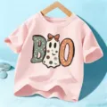 Adorable camiseta de manga corta de Halloween para niños con diseño de fantasma BOO divertido. - 130cm / Tops / Algodón Rosado