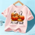 Kids pink short sleeve t-shirt with autumn pumpkin graphic, cute seasonal casual top for children. - 110cm / Pink