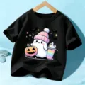 Cute Halloween ghost kids black t-shirt short sleeve holiday casual top boys girls. - Cotton Style Black / 110cm