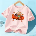 Kids pink short sleeve t-shirt featuring cute autumn halloween pumpkin graphic design. - 110cm / Pink Cotton