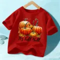 Kids red short sleeve T-shirt featuring cute autumn pumpkin graphic for Halloween. - 110cm / Red
