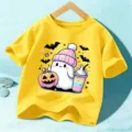 Kids Halloween T-shirt Cute Ghost Graphic Short Sleeve Yellow Top For Kids Holiday - Washed Yellow
