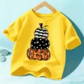 Kinder Halloween Kurzarm T-Shirt Süßer Kürbis Print Lässiges Gelbes Oberteil für Jungs - Baumwolle Gelb