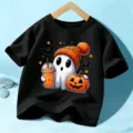 Kids Halloween black t-shirt featuring a cute ghost and pumpkin print, short sleeve casual top. - 110cm / Cotton Style Black