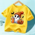 Camiseta de manga corta de Halloween para niños con diseño de fantasma y calabaza. - Amarillo Lavado