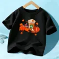 Kids Halloween black t-shirt with autumn pumpkin and coffee graphic, casual short sleeve top. - 110cm / Cotton Style Black