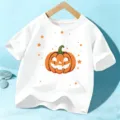 Kids Halloween short sleeve white t-shirt with cute pumpkin graphic for boys and girls. - 110cm / White