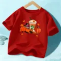 Red kids short sleeve t-shirt featuring cute autumn pumpkin and coffee graphic for boys girls. - 110cm / Washed Red