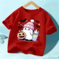 Kids Halloween short sleeve t-shirt, cute ghost pumpkin graphic tee, casual holiday top for kids. - Washed Red / 110cm