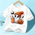 Kids Halloween short sleeve t-shirt, cute ghost pumpkin print white tee for boys and girls. - 110cm / White Cotton