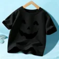 Kids Black Halloween T-Shirt Short Sleeve Pumpkin Face Children Festive Top Apparel - 110cm / Black