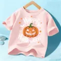 Kids pink short sleeve t-shirt with cute halloween pumpkin graphic print, casual cotton top. - 110cm / Pink