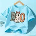 T-shirt à manches courtes imprimé fantôme d'Halloween pour enfants, haut col rond mignon décontracté. - Coton Bleu