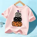 Kinder rosa Kurzarm T-Shirt Halloween süßer Kürbis gestapelt Grafik Urlaub Kleidung Top - 110cm / Baumwolle Rosa